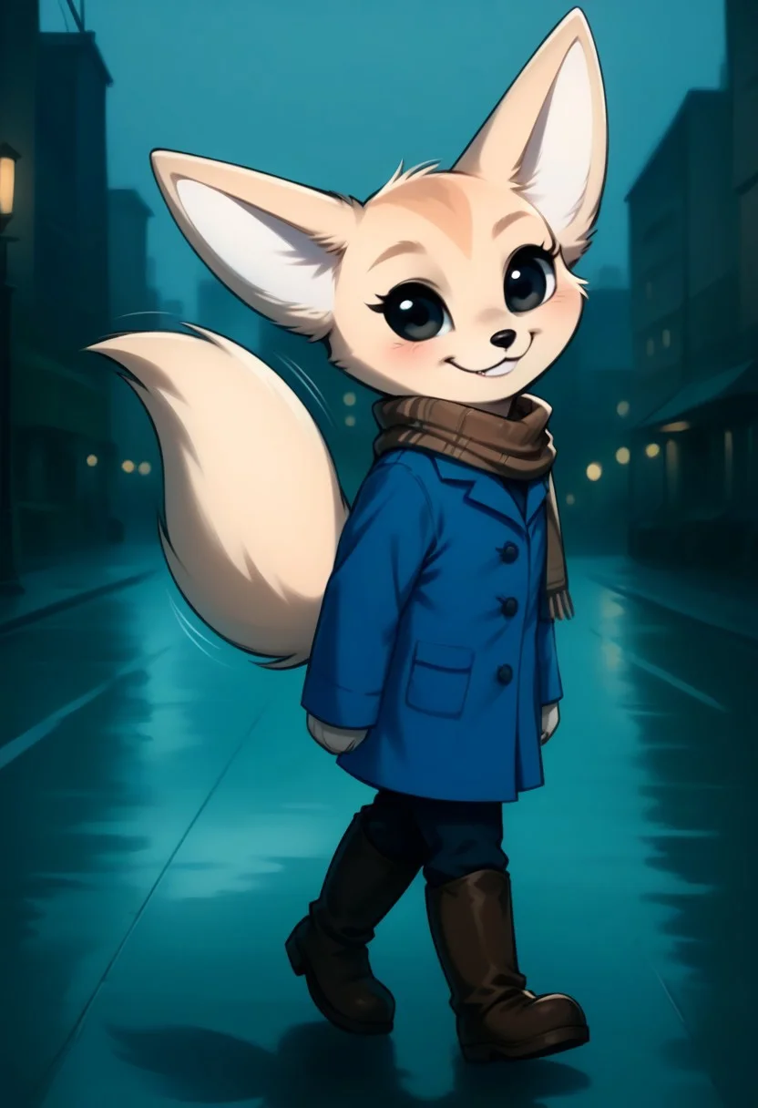 (detailed texture, digital artwork, improved quality, soft shading, cartoon, cinematic:1.2), ((city of nights while it's raining)), (((solo, full body, three-thirds side view))), ((beige fur, textured fur, anthro fennec, female, Fenneko_(Aggretsuko):1.0)), ((snout, pointy ears, tail, claws, black eyes, eyelashes)), ((black pants, brown boots)), ((brown scarf, blue coat:1.2)), ((smile, walking, posing, motion lines)),