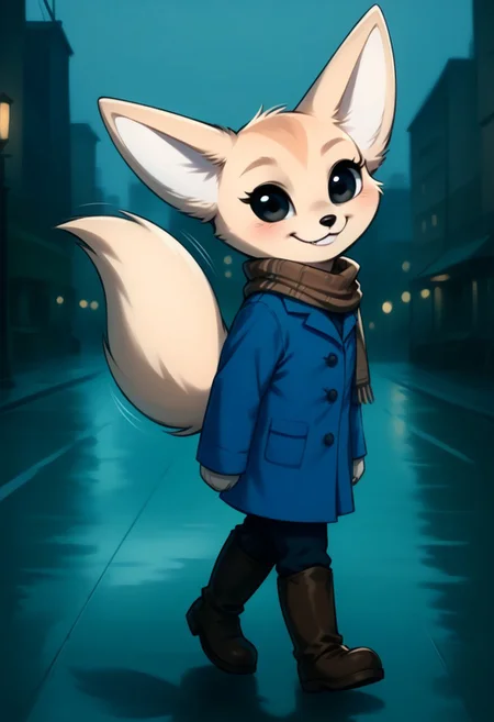 (detailed texture, digital artwork, improved quality, soft shading, cartoon, cinematic:1.2), ((city โโof nights while it's raining)), (((solo, full body, three-thirds side view))), ((beige fur, textured fur, anthro fennec, female, Fenneko_(Aggretsuko):1.0)), ((snout, pointy ears, tail, claws, black eyes, eyelashes)), ((black pants, brown boots)), ((brown scarf, blue coat:1.2)), ((smile, walking, posing, motion lines)),