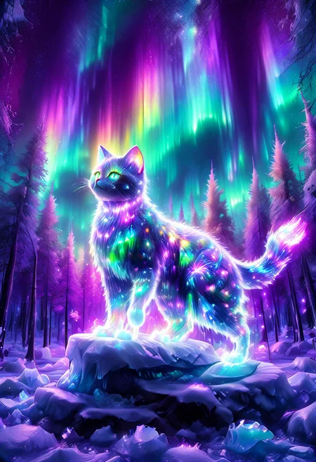lazympos, morph-aurora, A platinum-tier cat with bioluminescent fur prowls through an aurora-lit crystal forest, prismatic light shards refract through ice formations, glowing celestial patterns dance across its obsidian collar, hyper-detailed fur texture with rainbow iridescence, 8k resolution.