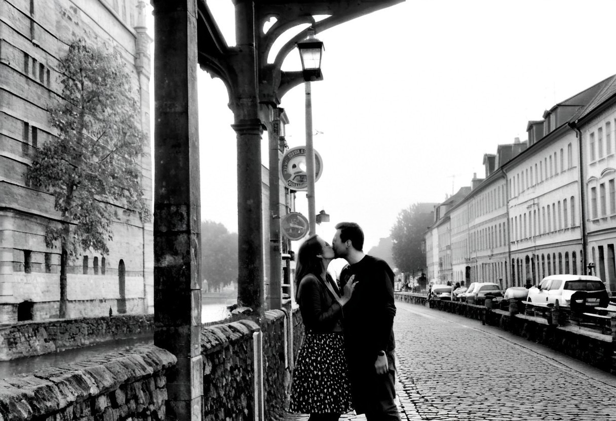 monochrome, instagram photo, a loving couple is standing at a street lamp and kissing. this lantern is at the head of an old bridge. in the background you can see an old town with a castle and a church, which is foggy. it's autumn, foggy and it's at night