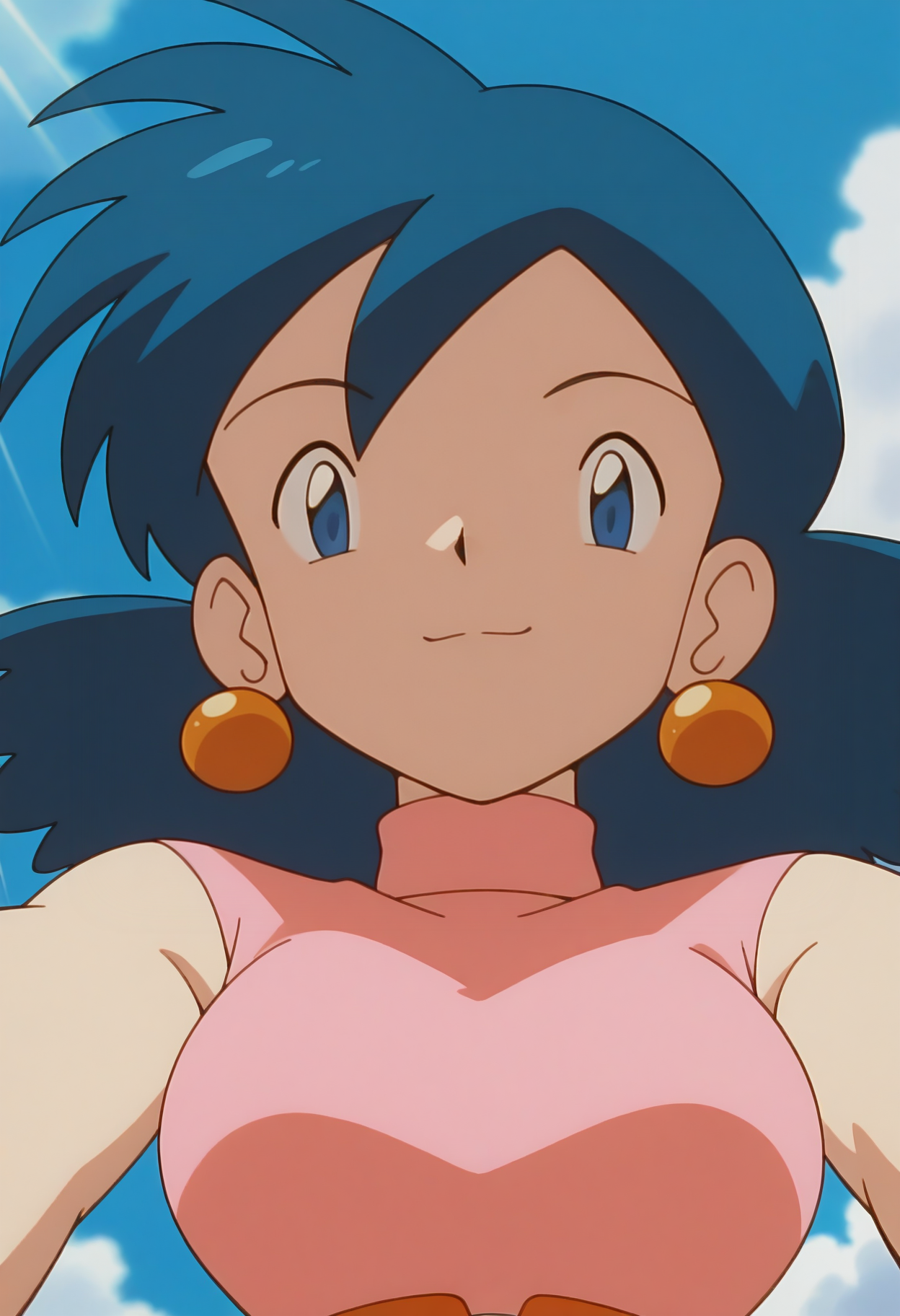 masterpiece,best quality,good quality, <lora:PMRep089:1>, PMRep089, 1girl, solo, earrings, blue hair, flipped hair, blue eyes, breasts,
pink sleeveless turtleneck, orange belt, beige high-waist pants, wide-leg pants,
looking at viewer, seductive smile, from below, breast focus, close-up, upper body, breast press, drop shadow, shadow, backlighting, all fours, outstretched arms, 
BREAK nature, day, light rays, blue sky, cloud, bokeh,