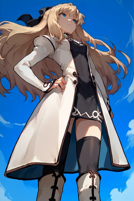 score_9, score_8_up, score_7_up, score_6_up, source_anime, 1girl, solo, <lora:cyrille-pdxl-nvwls-v1-000006:1> cyrille, blonde hair, long hair, hair ribbon, white coat, long sleeves, black dress, black thighhighs, white boots, hand on hip, from below, looking up, blue sky