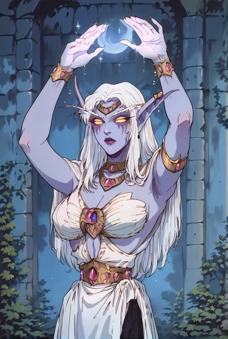 score_9,score_8_up,score_7_up,score_6_up,score_5_up,score_4_up countryside, arms outstretched, loving, <lora:Saffy-Character-Azshara:0.8>,nelfazshara,night elf,colored_skin,blue skin,yellow eyes,large breasts,white hair,jewelry,halter neck dress,,<lora:OldAnimeStyle_XL_v3:0.8>,Vintage,1990s \(style\),<lora:RankinBassArt_XL:0.8>, rankinbass,