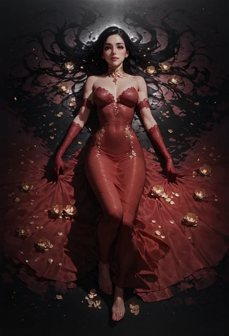 score_9, score_8_up, score_7_up, 1girl, full body, view from above, black hair, laying, posing, red dress, opal, feet, looking at viewer, bright particles, darkness, gloom, red lace gloves, golden cherry blossom tones, Japanese aesthetic, lilies, explosive bright particles in the form of sparks of light, gold collar, black theme, black background <lora:pony/twilight_style:0.8> concept art, realistic <lora:pony/expressiveh:0.8> expressiveh <lora:sdxl/princess_xl_v2:0.8> <lora:sdxl/sinfully_stylish_sdxl>