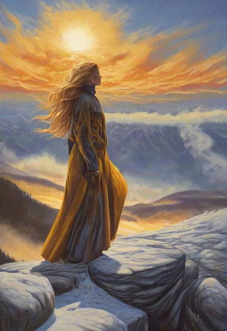 <lora:Storybook_V1.1:.7> sbfte, 1woman, blonde hair, the grim reaper, facing away, rocky hill, standing, robe blowing in the wind, clouds, sky, sunset, visible night sky, stars, cosmic, in meditation, ultra detailed landscape, bright yellow, energy surrounding surrounding him, volumetric lighting, ultra detailed clothes, ultra detailed body, ultra detailed hair, a city made of blue crystals is on fire in the distance, serenity, low-key,
by Natalia Rak and Barclay Shaw in the style of Jessica Rossier,  <lora:EnvyAnimeWatercolorXL02:0.60> ,   Elmore_Style_LX <lora:Elmore_Style_LX-000011:0.60>