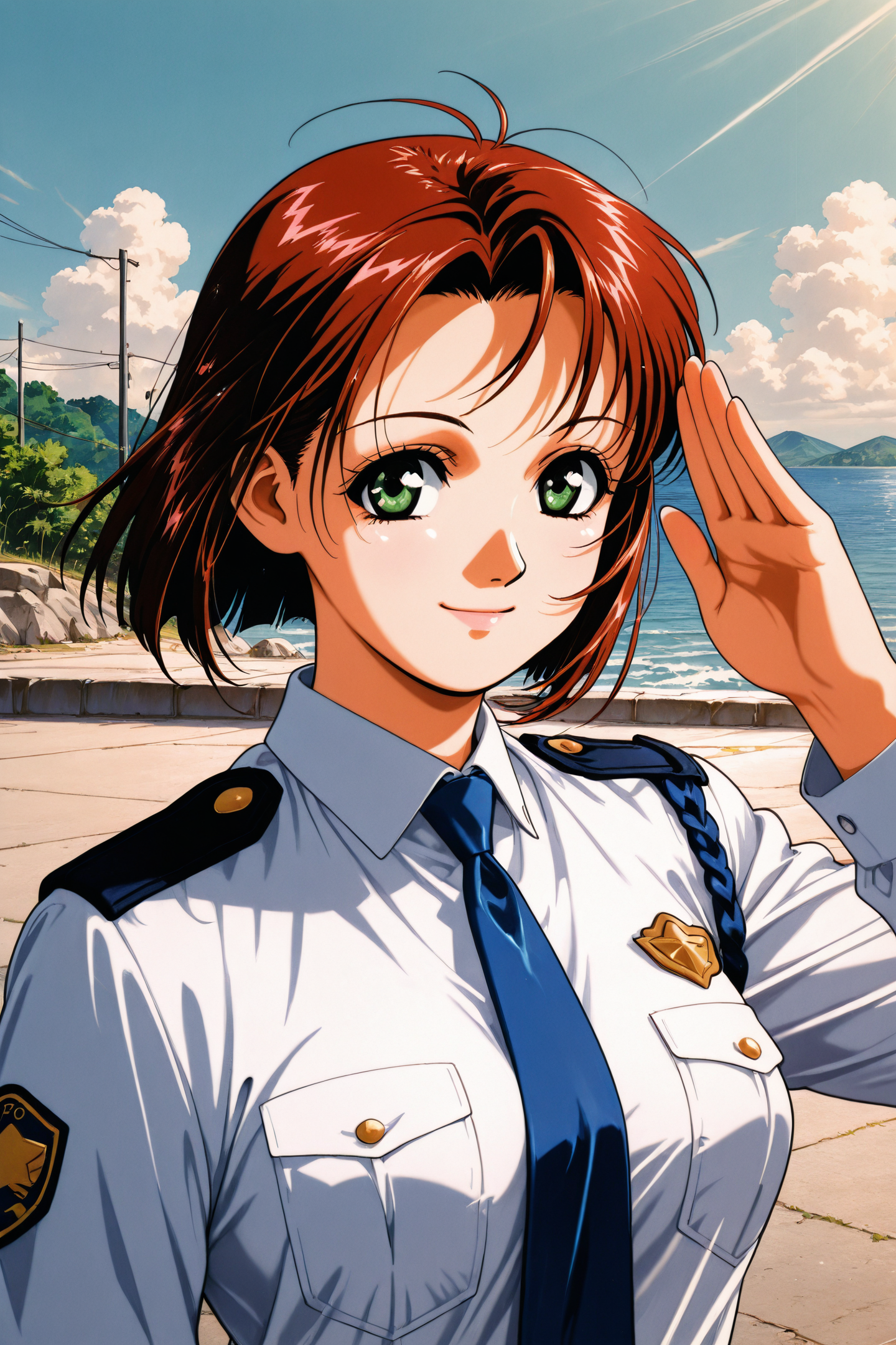 Tsujimoto Natsumi,1girl,solo,short hair,outdoors,upper body,smile,closed mouth,police uniform,blue necktie,white shirt,smile,open mouth,long sleeves,retro artstyle,salute,
<lora:You Are Under Arrest_illustriousXL:0.4>,
<lora:Yasuomi Umetsu_illustriousXL:1>,