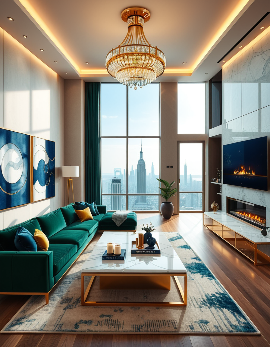 A lavish and modern luxury living room with a spacious open layout. The room features a grand chandelier with crystal details hanging from a high ceiling. Plush velvet sofas in deep emerald green and navy blue are arranged around a sleek marble coffee table with gold accents. The floor-to-ceiling windows allow natural light to flood the space, revealing a breathtaking city skyline in the background. A contemporary fireplace with a sculptural design adds warmth, while elegant artwork and designer decor pieces complete the sophisticated ambiance. The lighting is soft and ambient, creating a cozy yet opulent atmosphere.
<lora:SDXLFaeTastic2400:0.4> <lora:extremely_detailed:0.4> extremely detailed,  <lora:luxurious_l1v1ng_r00m:1>,luxurious l1v1ng r00m, Masterpiece,best quality,hi res,8k,hi res,8k,award winning,(sharp focus, intricate, highly detailed),