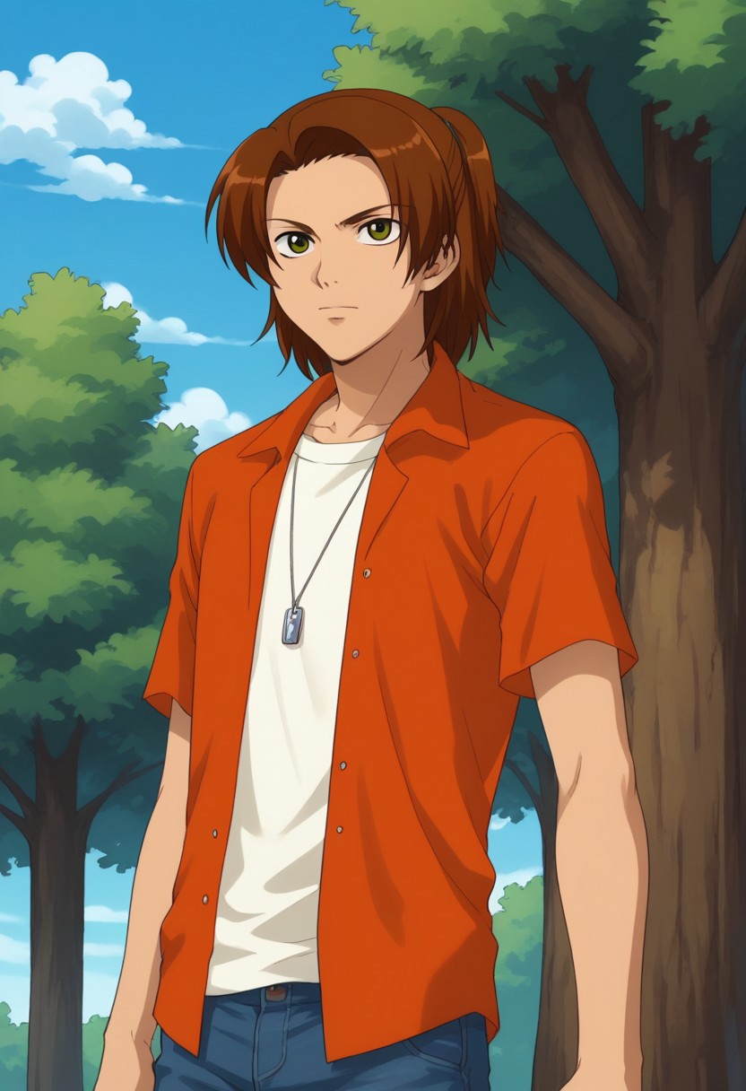 score_9, score_8_up, score_7_up, source_anime, highly detailed, 
masaru, 1boy, male focus, solo, brown hair, ponytail, green eyes, t-shirt, white t-shirt, orange shirt, open shirt, open clothes, short sleeves, pants, jeans, denim, jewelry, dog tags, upper body,
outdoot, sky, cloud, tree