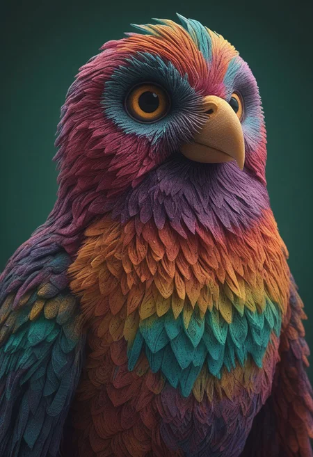 a cute chibby chicken mixed with a owl with big rainbow eyes made out of clay, it wears a cool rainbow bandana, very detailed, 4k, sharp, eating rainbow worms, novuschroma51 style
