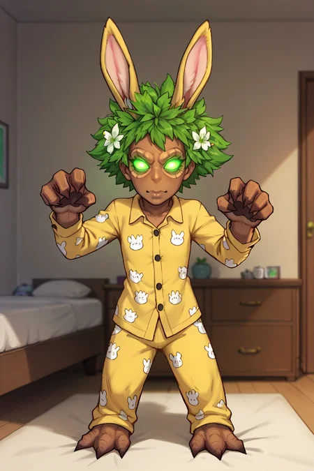 score_9, score_8_up, score_7_up, BREAK 1girl, solo, <lora:NSTreantWoW:0.85> NSTreantWoW, brown skin, green eyes, glowing eyes, green hair, short hair, monster, paw pose, bunny ears, pajamas, bedroom, indoors