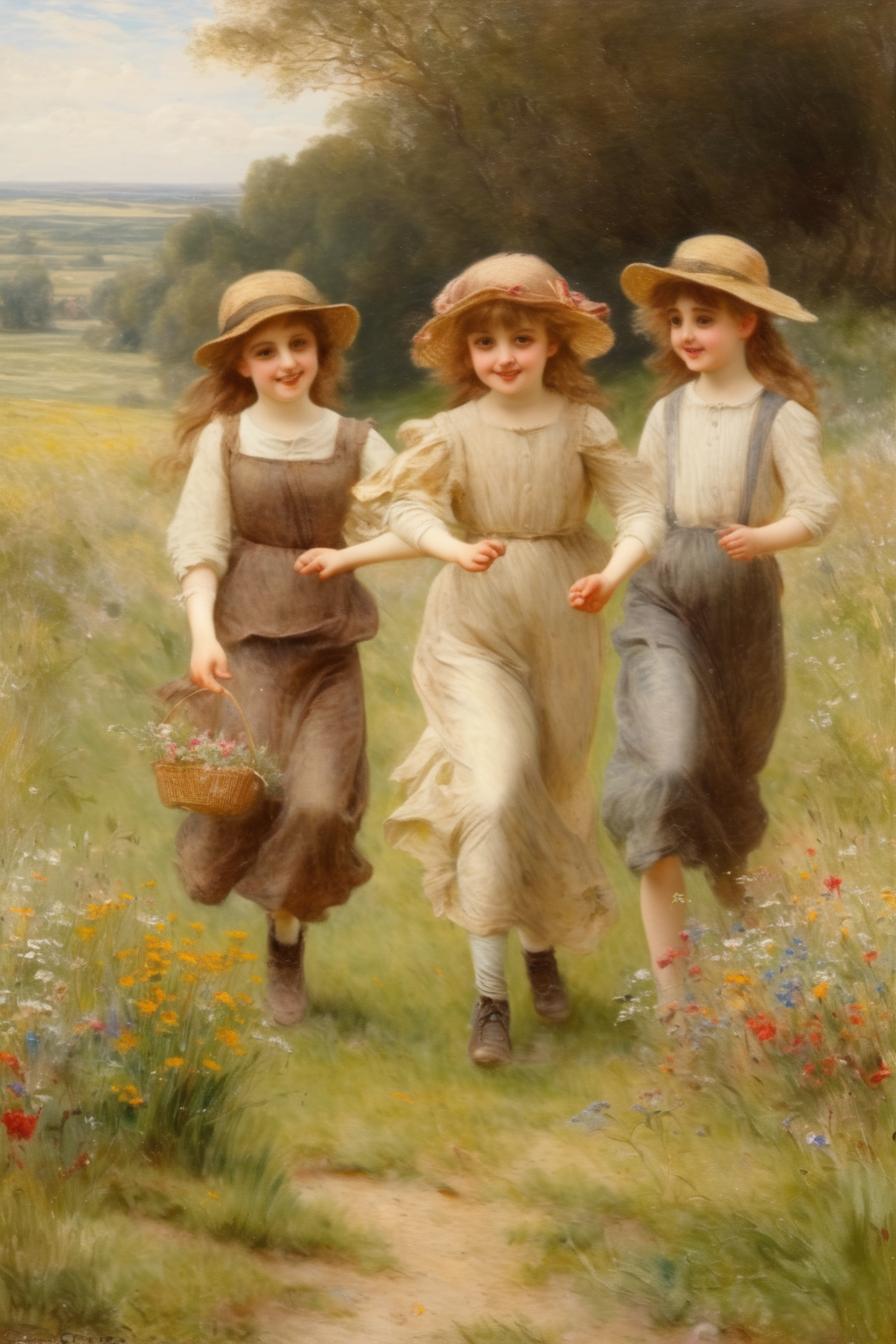 <lora:Alfred Augustus Glendening style:1>Alfred Augustus Glendening style - A group of children frolicking in a sunlit meadow filled with wildflowers.