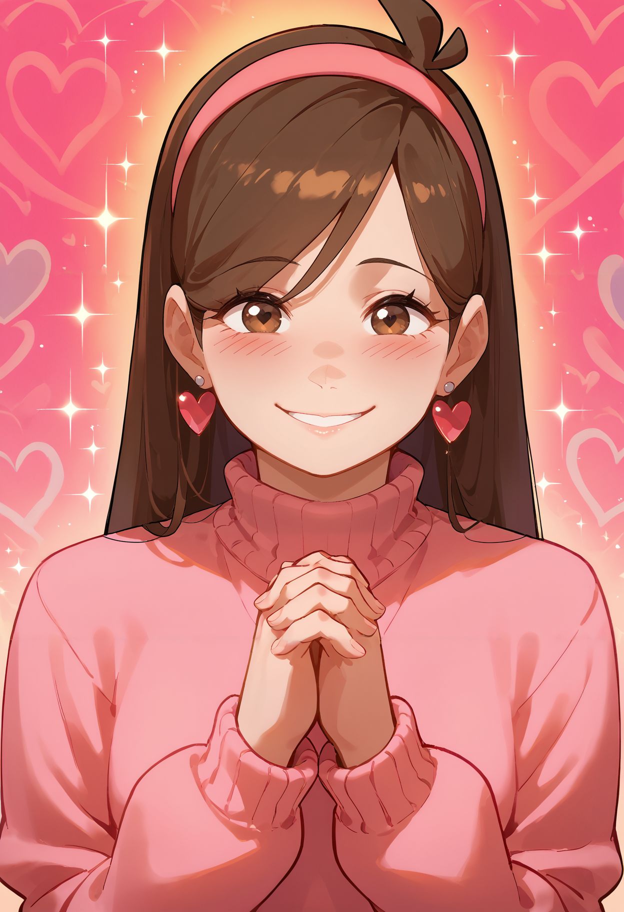 score_9,score_8_up,score_7_up, <lora:banjabu_style_pdxl_goofy:1>banjabuStyle, 1girl, brown hair, blush, brown eyes, earrings, sparkle background, jewelry, own hands together, own hands clasped, pink sweater, heart background, looking at viewer, turtleneck sweater, smile, upper body, long hair, hairband