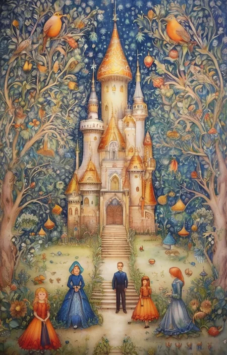 masterpiece,best quality,<lora:tbh237-sdxl:0.8>,illustration,style of  Johanna Basford portrait of family