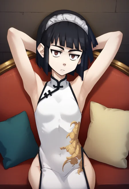 score_9, score_8_up, score_7_up, 1girl, game cg, <lora:Abbey 7_1:1> Abbey, black hair, brown eyes, bob cut, hairband, black china dress, sitting, looking at viewer, armpits, expressionless, couch,
