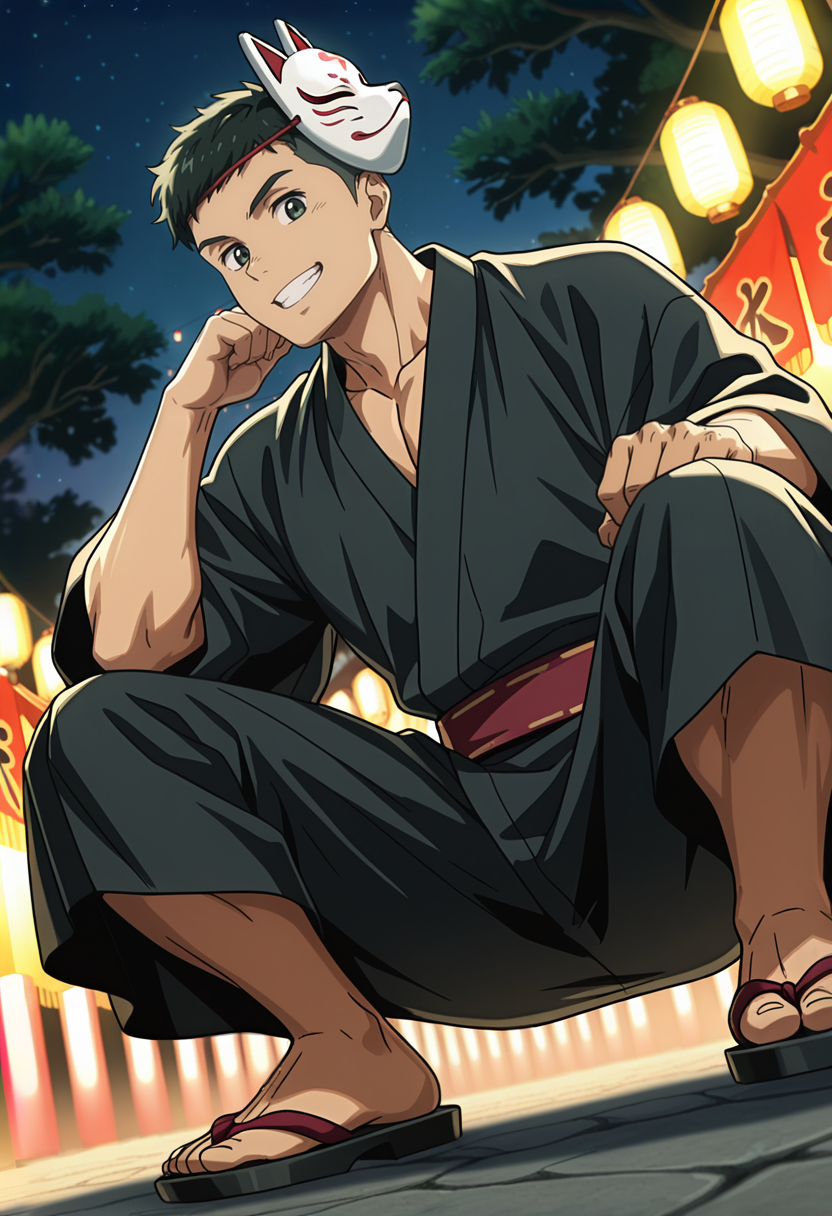 green_yok0kaw4_yuusuk3_eyes, yok0kaw4_yuusuk3, black_yok0kaw4_yuusuk3_hair, 1boy, anime coloring, male focus, solo, muscular male,  from below, looking at viewer, grin, fox mask, mask on head, kimono, night, summer festival, tree, outdoors, paper lantern, squatting, pov,  shadow, dynamic angle, dynamic action, atmospheric perspective, intricate lighting, intricately detailed illustration, depth of field, masterpiece, best quality, newest, absurdres, anime screencap, intricate details, good quality, very awa, highres, perfect proportions, perfect eyes, amazing quality, very aesthetic,<lora:Yokokawa_Yuusuke_Love_All_Play:1>