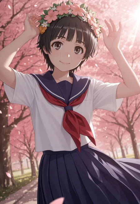 masterpiece,best quality,absurdres,highres,very aesthetic,high quality,detailed,insanely detailed,beautiful,perfect lighting, looking at viewer, looking at viewer, smile,
, happy, outdoors, petals, sakura trees, lens flare, sun rays, looking at viewer, dutch angle, dynamic pose, <lora:Uiharu Kazari:1> 1girl, short hair, black hair, brown eyes, head wreath, sakugawa school uniform, summer uniform, serafuku, sailor collar, red neckerchief, blue skirt, pleated skirt, long skirt,