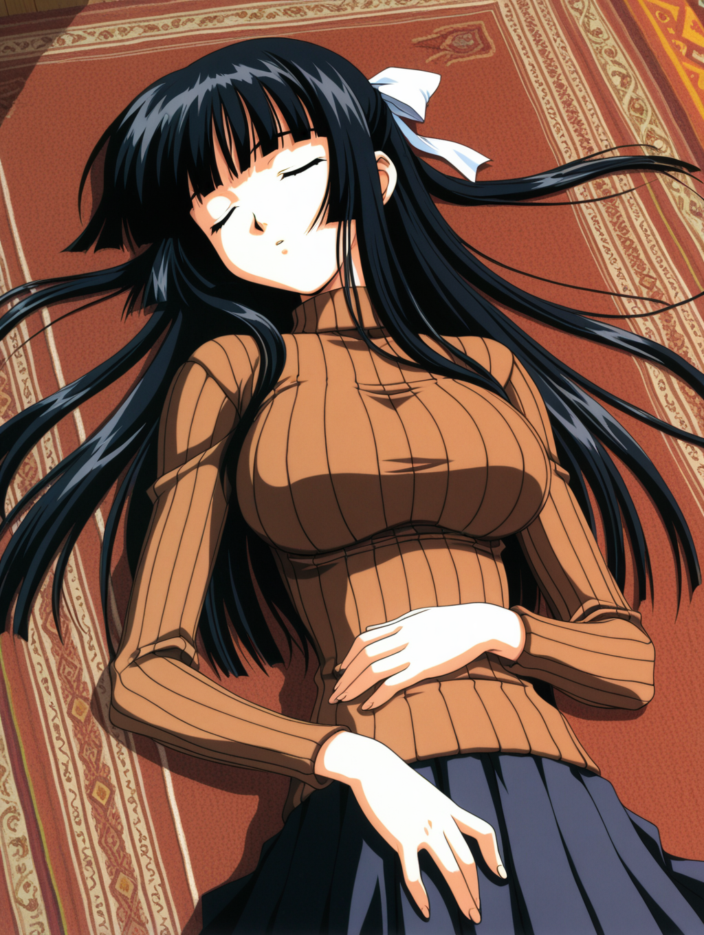 1girl, large breasts, (skinny:1.2), black hair, blunt bangs, long hair, 2000s \(style\), 
hair ribbon, brown sweater, ribbed sweater, pleated skirt, sleeping, carpet, upper body
 ,masterpiece,best quality,amazing quality,