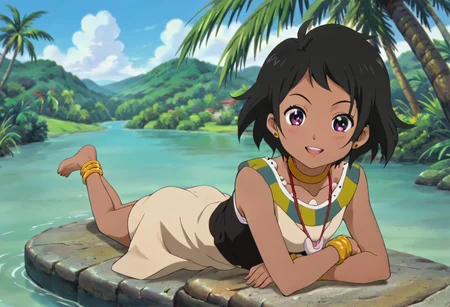 masterpiece, best quality, absurdres, 4k, 8k, (anime coloring, anime screencap, megami magazine:1.3), retro artstyle, 2000s \(style\), choim, short hair, black hair, dark-skinned female,1_girl,girl,purple eyes,dress, jewelry, dark skin, necklace, bracelet, wristband, ,choi mochimazzi, choker, sleeveless, blushing,parted lips,(smile, happy),looking at viewer, smug, barefoot, anklet,Choi is her verry little size, jewelry,Choi is her lying on stomach,feet, barefoot,foot_focus.
Tick Tock crocodile(view from away of Choi),fat,giant,male animal,animal,open large mouth ,green skin, blushing,blue eyes, Tick Tock the crocodile is giant and very huge size,teeth,look viewer,smile, happy,Tick Tock the crocodile swimming in the water,his head exposed,Tick Tock the crocodile head emerged in the water river,looking at viewer
Jungle,vegetation,river water,trees, tropical_junglebackground colorfull,tropical_island,southern island,Choi behind the river and tick Tock the crocodile, on dry land
(Disney),(manga_anime)