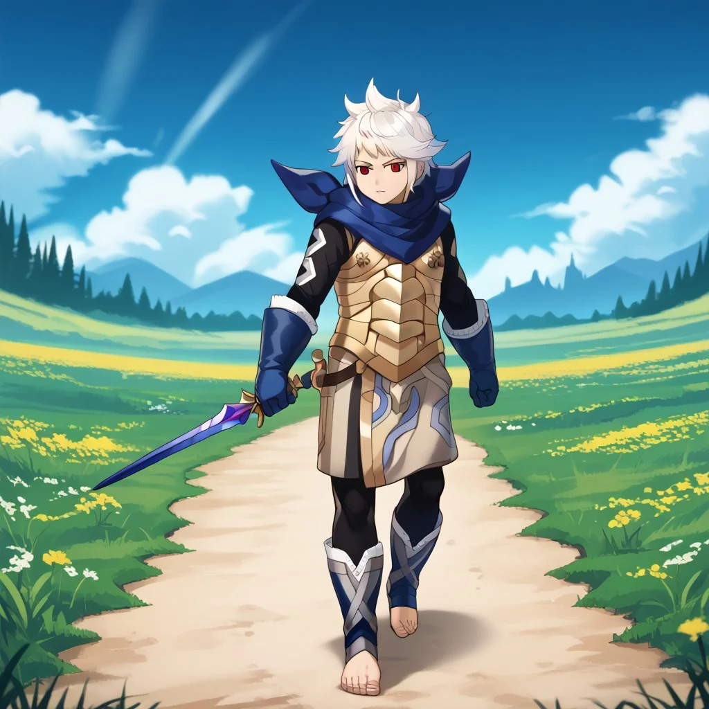 (High Resolution), (More Details), (8K), (High Resolution) , masterpiece, 4k, best quality, sharp aliasing, highly detailed, intricately detailed illustration, anime style, by lovkuma, 1male, males body, mature, adult body, grown up, mkana_sdxl, white hair, red eyes, blue scarf, gloves, armor ,toeless footwear, standing, field background, full body view, barefoot, five toes, close up shot, walking pose