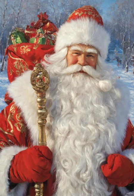 masterpiece, best quality, oil painting, DedMoroz, 1boy, stern face of an old man, thick eyebrows, kind eyes, long beard, large bag with gifts, (red high boots:1.5), frozen, ice, ice staf, Russian village in the background, snow, frost and sun, wonderful day, ultradetailed, <lora:DedMoroz:1>, Viktor Vasnetsov