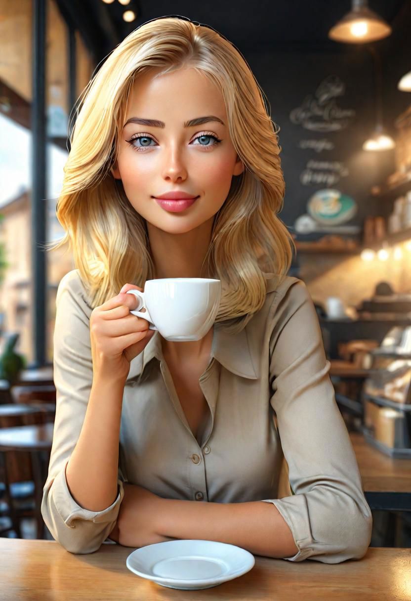 (masterpiece)
a beautiful blond girl drinking coffee, 
coffe shop background, 
HDR, 8k, trending on artstation,