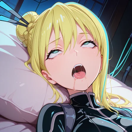 <lora:IL_Nancy_Lee:1>,nin_sly_n,nancy lee,single hair bun,japanese hair stick,
highleg rider_suit,Thigh high boots,utility belt,
rolling eyes,saliva,(drooling:1.3),saliva trail,hacking,(lan cable:1.3),
right side thigh_holster,
1girl,solo,backlighting,night,moonlight,dutch angle,on bed,on back,lying,close-up of face,, masterpiece,amazing quality,best quality,ultra-detailed,8K,illustration,CG,shiny hair,clear skin,ultra-detailed-eyes,ultra-detailed-background,