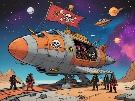 space pirates boarding a spaceship, jolly roger , vivid colors, flat colors <lora:extremely_detailed:-1> <lora:Cartoon_SDXL_V2-fixed:0.8>cartoon <lora:MJ52:0.2>