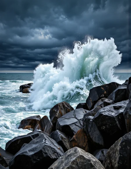 A high-quality photograph of a dramatic ocean scene captured with a DSLR camera, likely a Canon EOS 5D Mark IV, with an aperture of f/8, shutter speed of 1/250 sec, and ISO 200. The image showcases a powerful wave crashing against a rocky shore under a stormy, dark blue sky. The water is a deep, rich blue, contrasting with the dark, wet rocks in the foreground. The composition follows the rule of thirds, with the wave positioned in the upper third of the frame. The background is in focus, enhancing the depth of field. Natural lighting from the overcast sky illuminates the scene, creating a moody and dynamic atmosphere. The camera angle is slightly low, emphasizing the height and intensity of the wave. The image has a very high aesthetic quality. <lora:Landscapes_II_epoch_8:1>