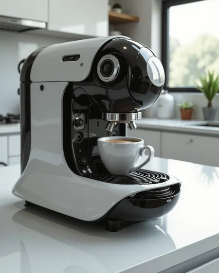 A highly detailed, high-quality image in the style of ckrcc, featuring a futuristic, highly advanced mechanical coffee machine, seen front front, on a white kitchen counter