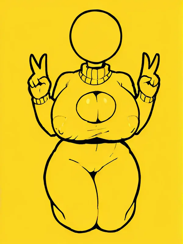 <lora:wrnsignPDXL_11b:1> yellow background, black lineart, (yellow body:1.1), flat colors, solo, humanoid, female, eyeless, big breasts, yellow clothing, keyhole turtleneck, nipple outline, kneeling, v sign