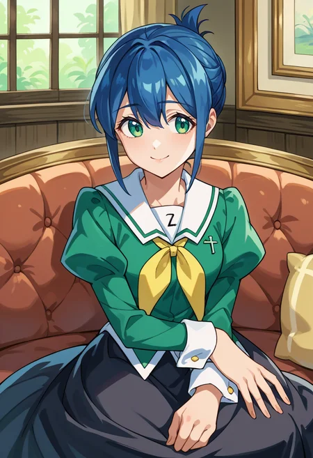 score_9, score_8_up, source_anime, 1girl, solo, KanokoMamiya, green eyes, blue hair, short hair, folded ponytail, white sailor collar, yellow neckerchief, green shirt, long puffy sleeves, wrist cuffs, black skirt, long skirt, sitting, indoors, on couch, smile, <lora:ChamKanokoMamiyaPonyXL:1>