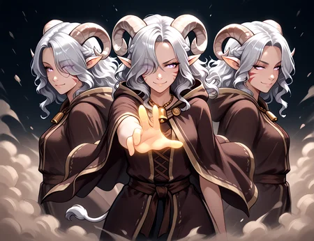<lora:Mirror_Image:0.7> Mirror_Image:1.6, dynamic pose, anime, smile, blurry body, looking at viewer, 3 girls, transparent, spinning wind, from side, (((transparent body, glowing body))), dust cloud,, masterpiece, tiefling, tail, anime, pointy ears, tiefling, silver hair, ivory sheep horn,
<lora:whisker_markings:0.8>red whisker_markings:1.7, silver long wavy hair, bell necklace, short pointy ears, purple eyes, tiefling_bard_diana:1.2, hair over one eye, braid, <lora:Tiefling_bard_Diana_ILXL:1> cloak,
cow tail:1.4,