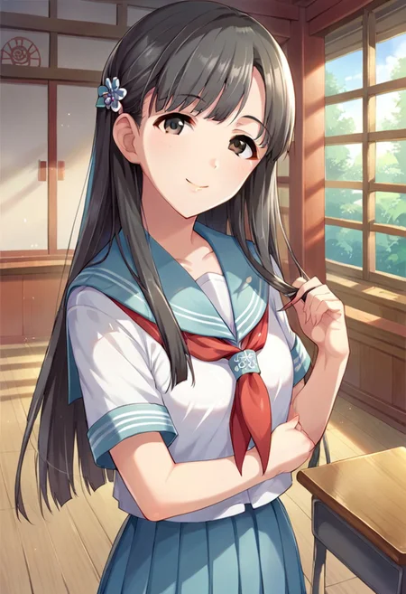 score_9, score_8_up, score_7_up, source_anime,kobayakawa sae, black hair, black eyes, 1girl, at classroom, long hair, school uniform, solo, hair ornament, shrine, serafuku, smile, looking at viewer, shimenawa, red bowtie