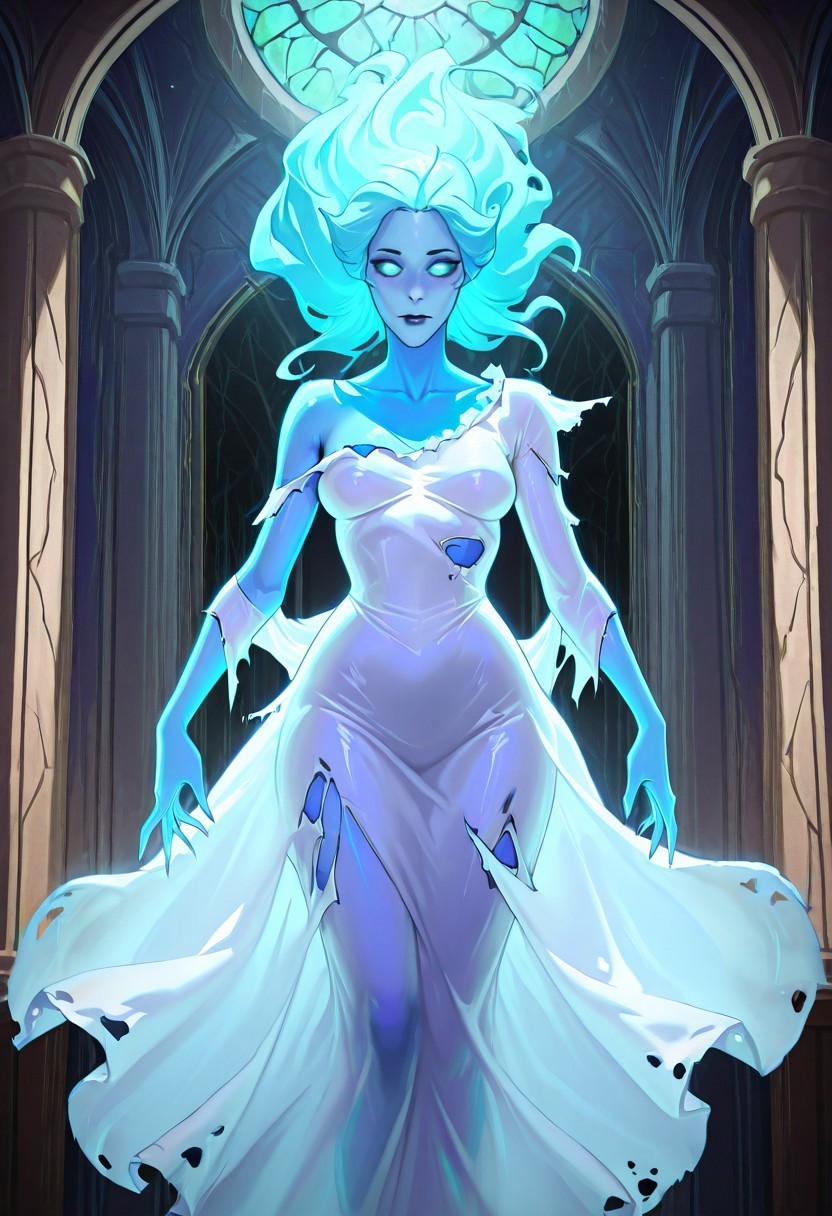 safe_pos, masterpiece, best quality, newest, absurdres, highres, anime, anime style, 1girl, Ghost-SFW/NSFW-IL.V1.0, colored skin, blue colored skin, blue skin, dress, white dess, ragged dress, torn clothes, horror (theme)
