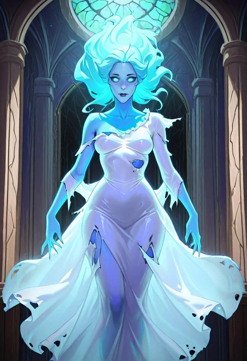 safe_pos, masterpiece, best quality, newest, absurdres, highres, anime, anime style, 1girl, Ghost-SFW/NSFW-IL.V1.0, colored skin, blue colored skin, blue skin, dress, white dess, ragged dress, torn clothes, horror (theme)