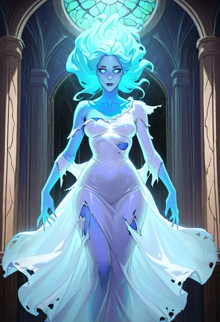safe_pos, masterpiece, best quality, newest, absurdres, highres, anime, anime style, 1girl, Ghost-SFW/NSFW-IL.V1.0, colored skin, blue colored skin, blue skin, dress, white dess, ragged dress, torn clothes, horror (theme)