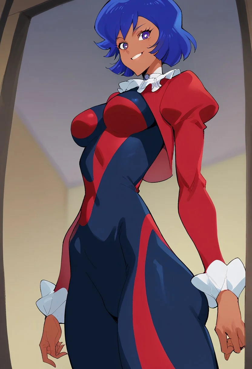 score_9, score_8_up, score_7_up, score_6_up, 2d, cartoon, 1girl, solo, cowboy shot, perfect face, perfect eyes, 1girl, Misty Honey, tanned skin, blue hair, short hair, purple eyes, smile, thin waist, slim waist, standing, looking down at viewer, (((medium breasts))), ((medium ass)), jewelry, red jacket, skintight bodysuit, multicolored bodysuit, red and blue bodysuit, upper body focus, bedroom