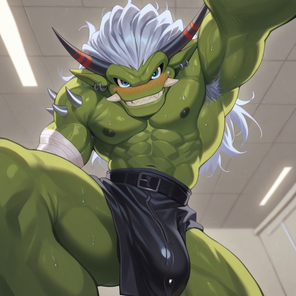 High quality, good shots, ogre10101110, Ogremon, digimon, 1boy, solo, green skin, blue eyes, long white hair, teeth, (mouth open:1,4), no nose, bandages, loincloth, black loincloth, horns, black horns, gym background, ceiling background, flushed, looking from viewer, grabbing viewer's shoulder, (shy:1.6), flushed, viewer being pushed down, smile