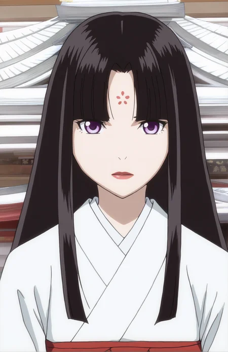 TsuyuMich. 1girl, black hair, long hair, parting bangs, purple eyes, looking at viewer, japanese clothes, white kimono, miko, japanese temple, face focus,