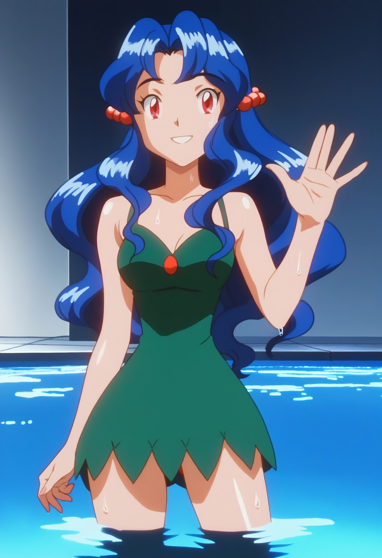 score_9, score_8_up, score_7_up, score_6_up, anime screencap, anime coloring, 1girl, solo, <lora:PMSensationalSisters_epoch_10:0.8>, PMViolet, blue hair, long hair, wavy hair, hair bobbles, red eyes,
green dress, bare shoulders,
kneeling, sweat, shiny skin, smile, looking at viewer, waving hand, standing, arm up, cowboy shot, legs apart, 
BREAK indoors, pool, wading,