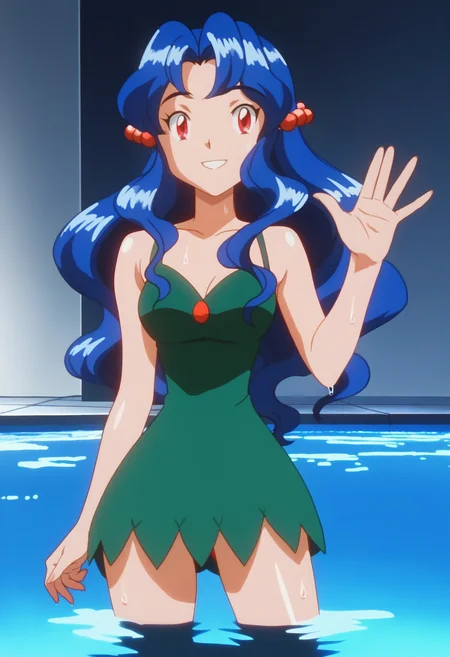 score_9, score_8_up, score_7_up, score_6_up, anime screencap, anime coloring, 1girl, solo, <lora:PMSensationalSisters_epoch_10:0.8>, PMViolet, blue hair, long hair, wavy hair, hair bobbles, red eyes,
green dress, bare shoulders,
kneeling, sweat, shiny skin, smile, looking at viewer, waving hand, standing, arm up, cowboy shot, legs apart, 
BREAK indoors, pool, wading,