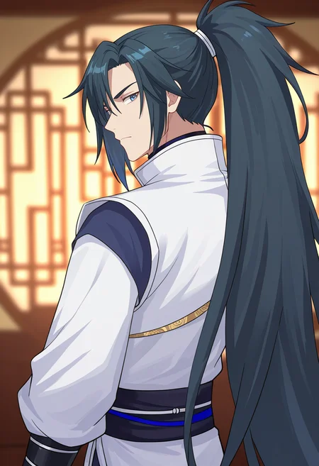masterpiece, best quality, amazing quality,high resolution, intricate details,anime coloring,depth of field , , , 1boy, solo, male focus,  <lora:yang_kai:0.77>,yang kai,black hair,very long hair,ponytail hair,grey eyes,chinese clothes,from behind,high collar,looking back