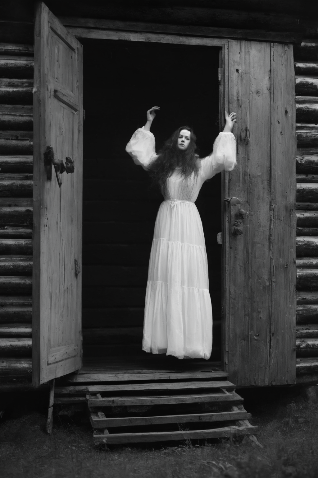 <lora:Photographer Maren Klemp Style:1>Photographer Maren Klemp Style - a woman in a white dress standing in a doorway of a wooden cabin