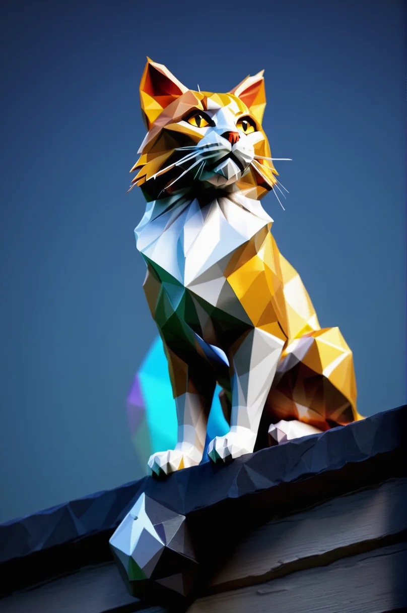cat made of lowpoly, character focus:1.1 , dramatic angle, magic, standing on top of fence <lora:LowpolyXL_LoRA:1>