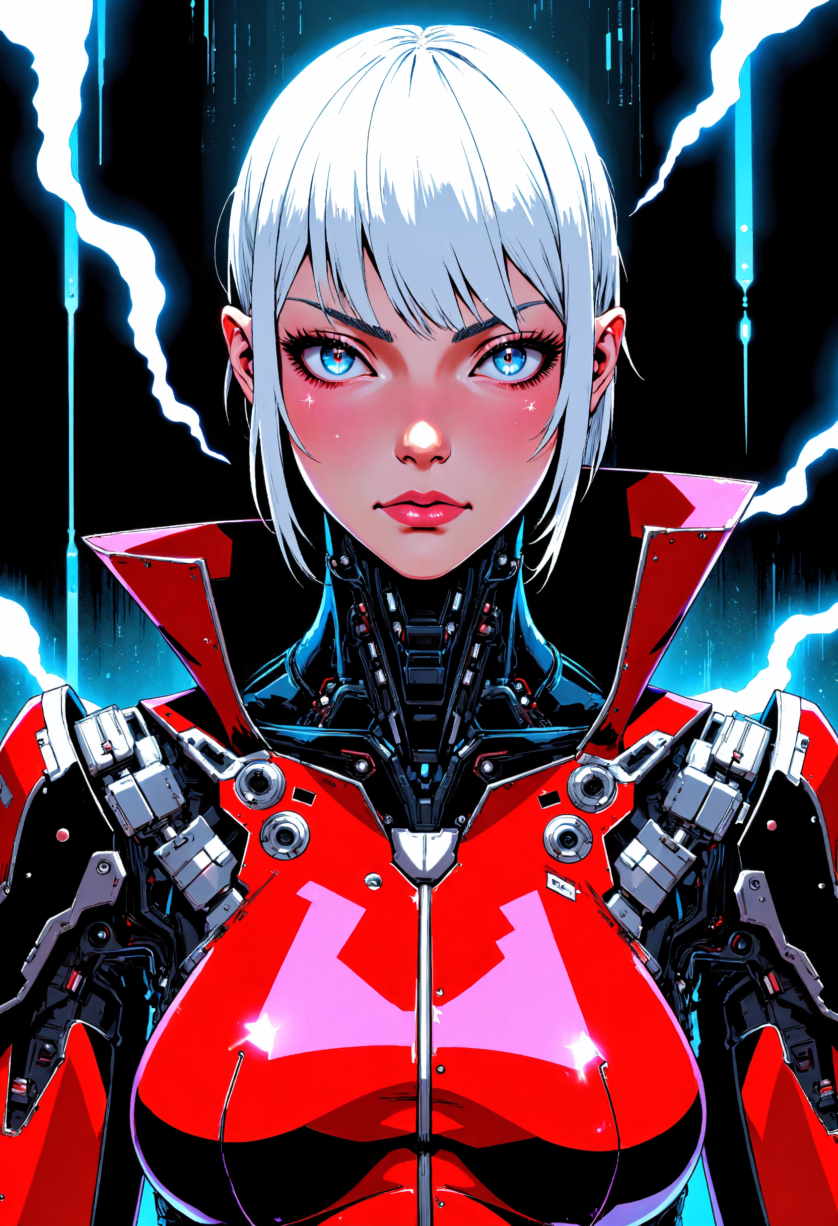 masterpiece, high-quality, A cybernetic woman in sleek red and black armor, her short white hair contrasting sharply with her intense gaze, Her armor is streamlined with metallic accents and a translucent larger image of herself looms behind as if showing her inner power, neon reflections, minimalistic composition, (elaborate fine details:1.1), (hyperdetailed:1.1), (intricate details:1.0), (Refined details:1.1), (best quality:1.1), (high resolution:1.2),