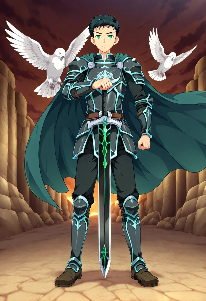 yuto_umemura, black hair, short hair, mint green eyes, he is dressed in a suit of blue iron platemail. Break. he is holding up a black coloured sword, Properly holding the sword by the hilt, his armour bears a crest of a yellow dove, fantasy armour, stylized silver dove emblems and symbols on armour and sheild, Break, epic background is a a beautiful palace, a strong wind is blowing his cape, dark blue armour