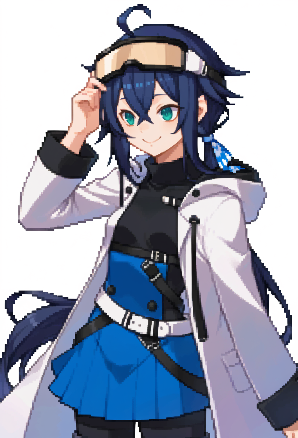 score_9, score_7_up, source_anime, solo, BREAK  <lora:zs_DevilSurvivorPortraitsXL:1> devilsurvivorportraits, portraits, white background,, smile, 1girl, teal eyes, (black hair:1.2), low ponytail, ahoge, absurdly long hair, hair flaps, hair between eyes, crossed bangs, small breasts, (goggles on head:1.2), hooded coat, open coat, black turtleneck, blue half-skirt, pants, black knee boots, multiple straps, white coat, layered clothes, blue hair ribbon, pants under skirt, belt, chest belt,