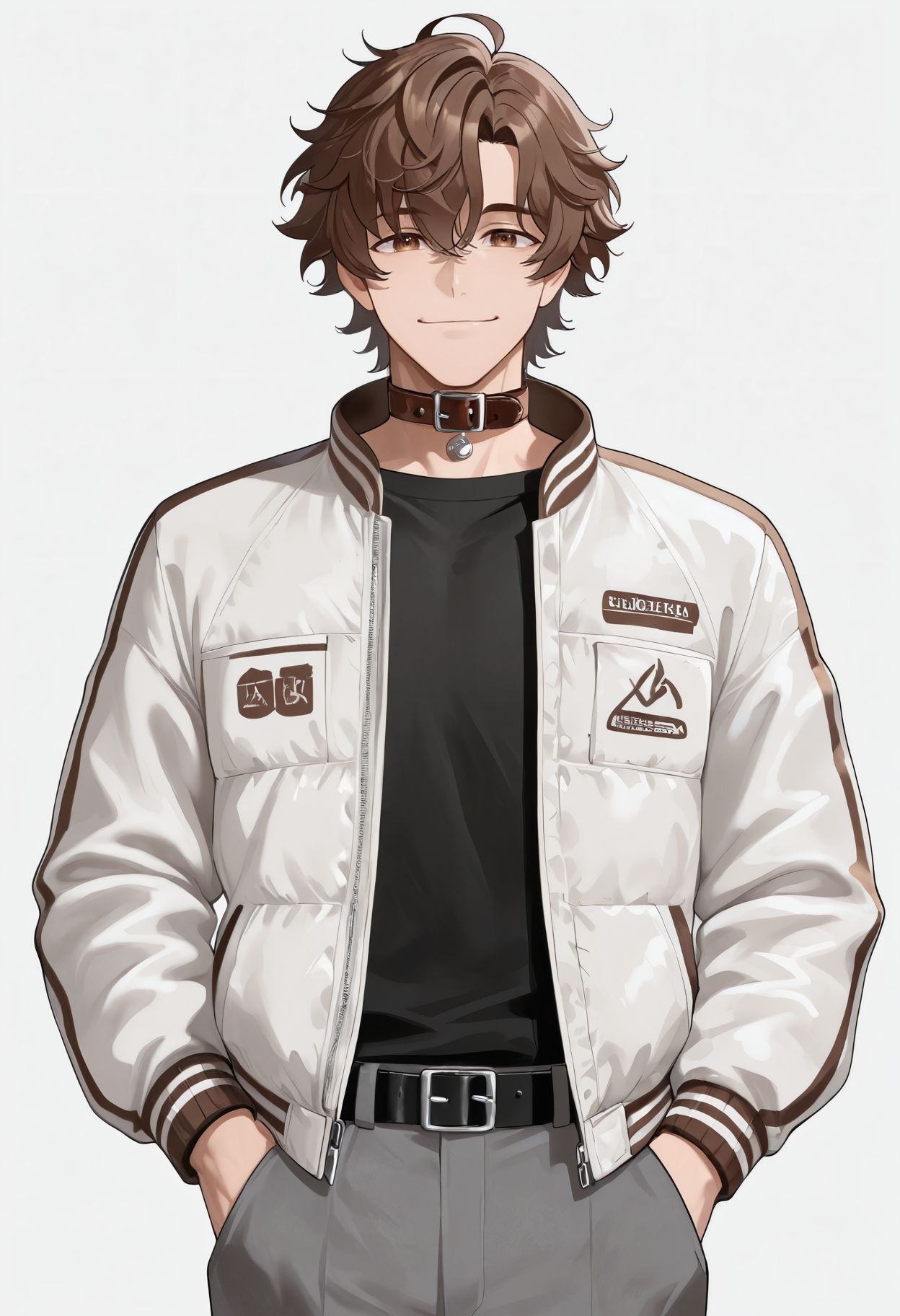 masterpiece,best quality,amazing quality,absurdres, BREAK 
1boy, alase 00, belt collar, black shirt, brown eyes, brown hair, collar, cowboy shot, grey pants, hand in pocket, jacket, long sleeves, looking at viewer, male focus, pants, shirt, simple background, smile, solo, virtual youtuber, white background, white jacket