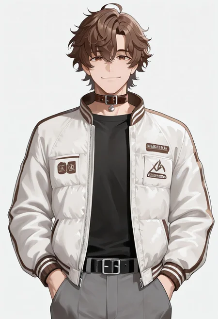 masterpiece,best quality,amazing quality,absurdres, BREAK
1boy, alase 00, belt collar, black shirt, brown eyes, brown hair, collar, cowboy shot, grey pants, hand in pocket, jacket, long sleeves, looking at viewer, male focus, pants, shirt, simple background, smile, solo, virtual youtuber, white background, white jacket