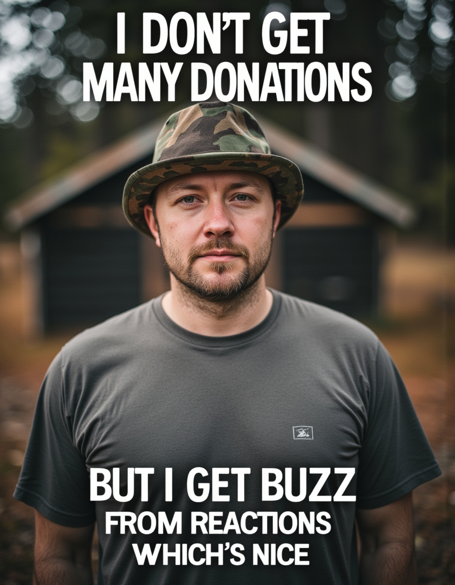 hyperrealistic image , upper body photo of a man  wearing small camo hat and gray t-shirt standing near shack a few with trees in distance  , (at top of image above man's face floating text "I don't get many donations" written with big white letters:2) , (at bottom of image below man's face floating text "But I get Buzz from reactions, which is nice" written with big white letters:2), <lora:flux\flux_realism_lora.safetensors:0.71:0.71> <lora:flux\detailer_flux_v1.safetensors:0.6:0.6> <lora:flux\aidmaImageUpgrader-FLUX-V0.1.safetensors:0.6:0.6>